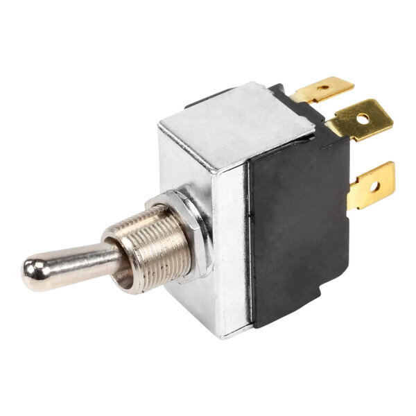 A small metal and silver toggle switch with a black and gold handle.
