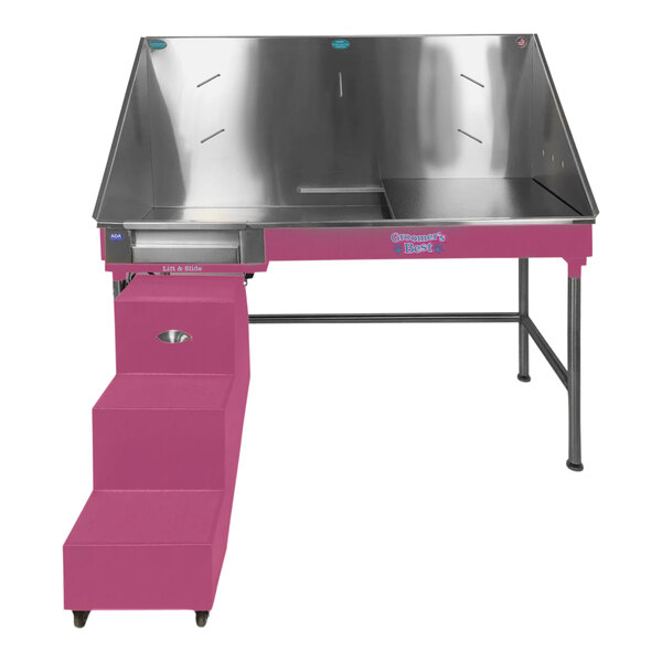 A pink stainless steel Groomer's Best bathing tub with a ramp.