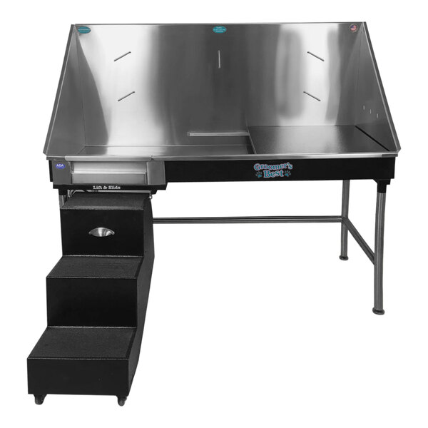 A black Groomer's Best ADA bathing tub with a ramp and left drain.