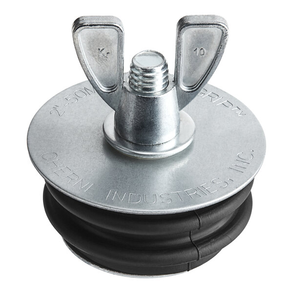 A close-up of a Cherne Econ-O-Grip mechanical pipe plug with a metal screw and cap.