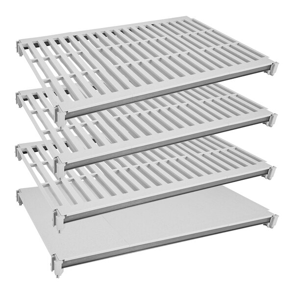 A white metal Cambro Camshelving® Elements shelf with 4 metal slats.