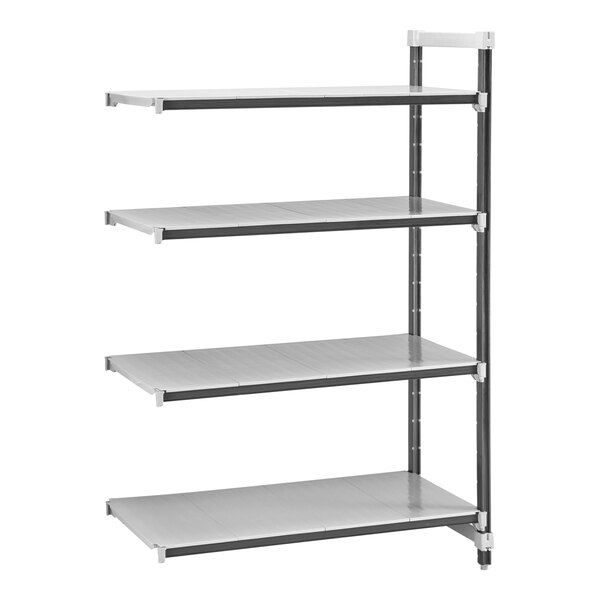 A grey metal Cambro Camshelving Elements add-on unit with four white shelves.