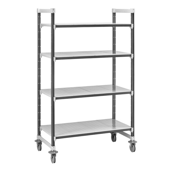 A grey Camshelving® Elements mobile shelving unit with 4 shelves and wheels.