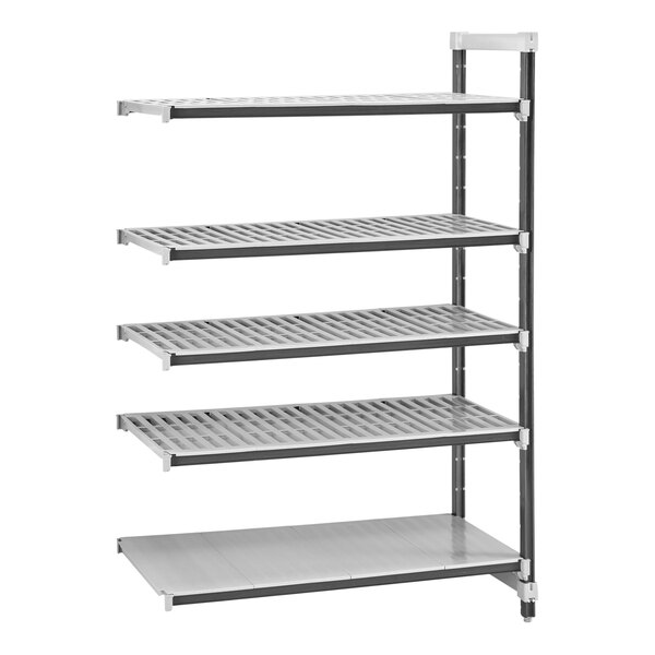 A grey Cambro Camshelving Elements XTRA 5-shelf combo add-on unit.