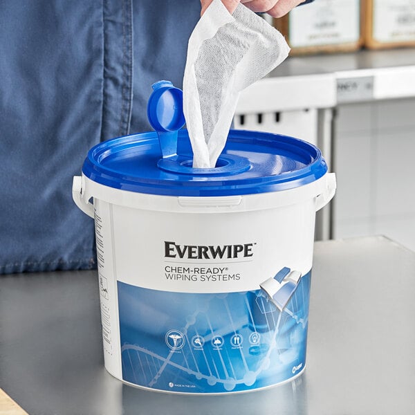 An Everwipe blue and white plastic bucket with a round top.