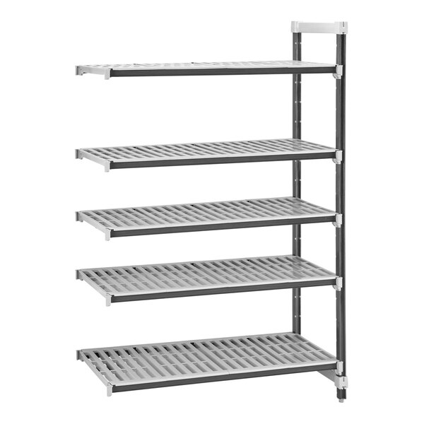 A grey metal Cambro Camshelving® Elements XTRA add-on unit with four shelves.