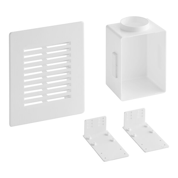 A white plastic box with a vent and two screws on white plastic brackets.