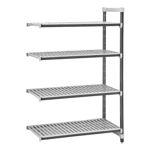 A Cambro metal shelf with four shelves.