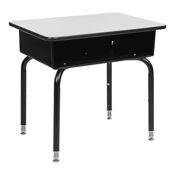 A gray Flash Furniture student desk with a black base and open front book box.