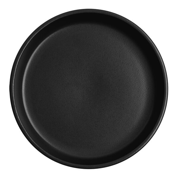 A close-up of a black Santa Anita Reflections stoneware plate with a round rim.