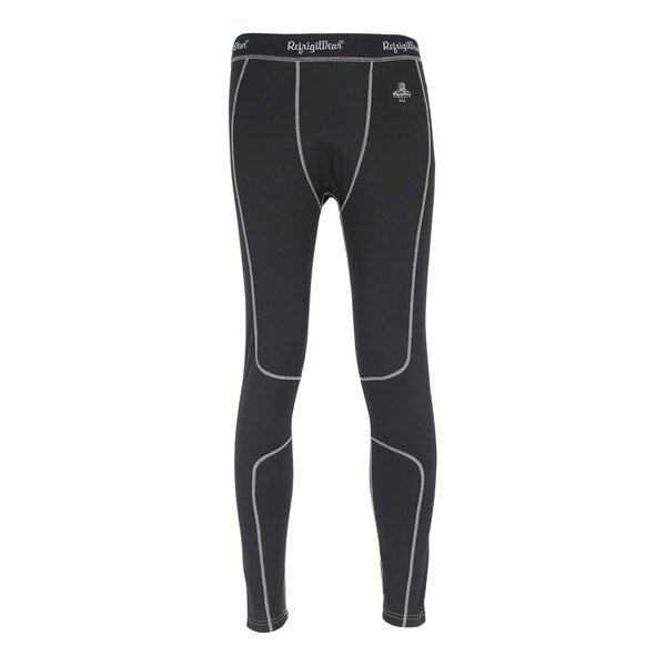 A pair of black RefrigiWear men's thermal pants with white lines.