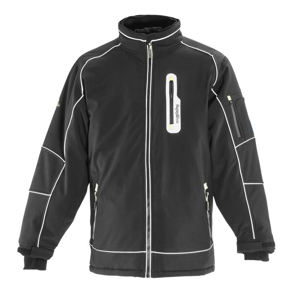 A black RefrigiWear Extreme Softshell jacket with white trim and zippers.