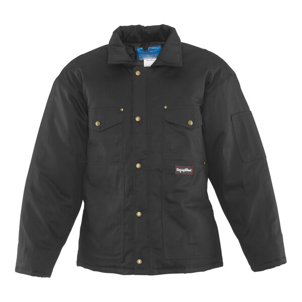 A black RefrigiWear utility jacket with a zipper and buttons and a patch.