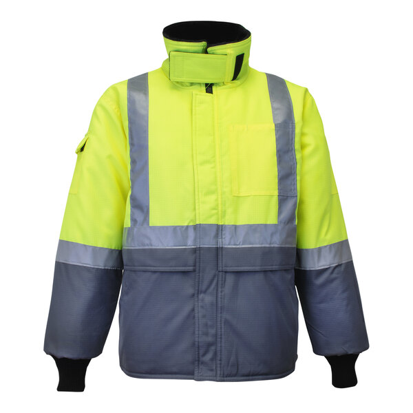 A lime green and grey RefrigiWear Freezer Edge jacket with reflective stripes.