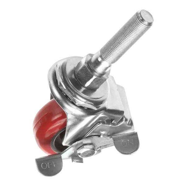 A metal stem with a red wheel and black rim.