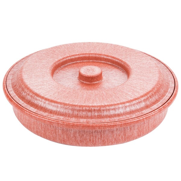 A red round polyethylene HS Inc. "Tortilla Pleezer" container with a lid.