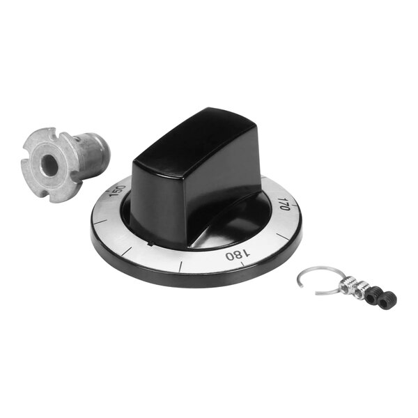 A black plastic knob with a silver metal screw.