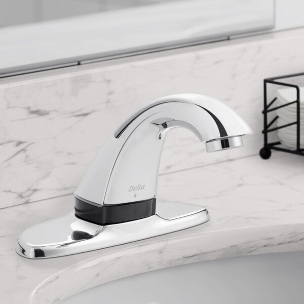 Delta Faucet 591-PALGHDF Deck-Mount Electronic Lavatory Touchless Faucet with 4" Centers, Vandal-Resistant 0.5 GPM Aerator, and Proximity Sensing Technology