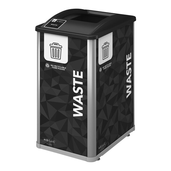 A black and silver Busch Systems Mosaic decorative trash can.