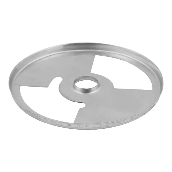 A stainless steel circular air shutter for American Range griddles with a hole in the center.