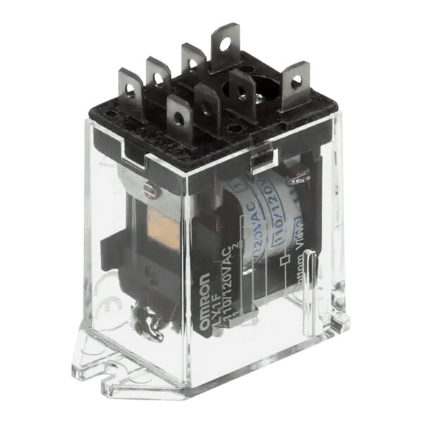 A clear plastic box containing a small clear relay with four wires inside.