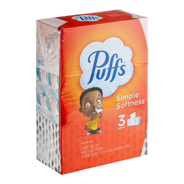 A white box of Puffs Basic 2-ply facial tissues with blue and green text on the front.