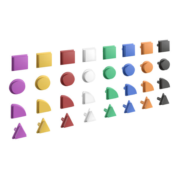 A group of colorful shapes including circles, rectangles, and buttons.