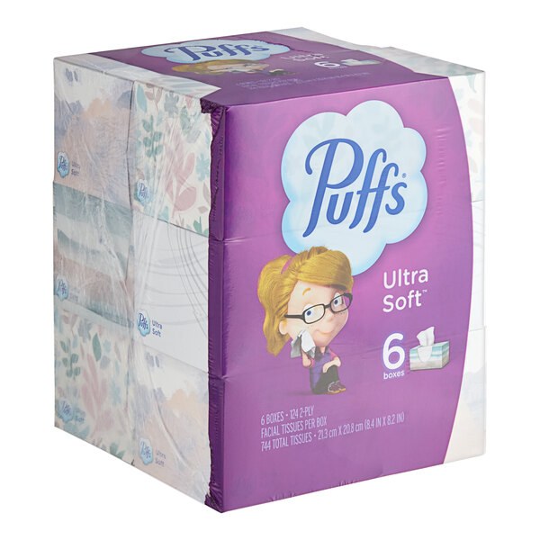 A Puffs Ultra Soft 6-pack of facial tissue boxes.