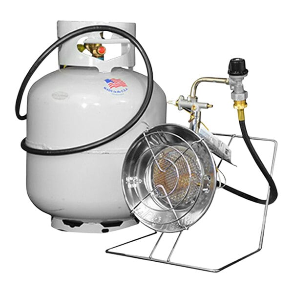 A white gas cylinder with a black hose attached to a Mr. Heater single burner.