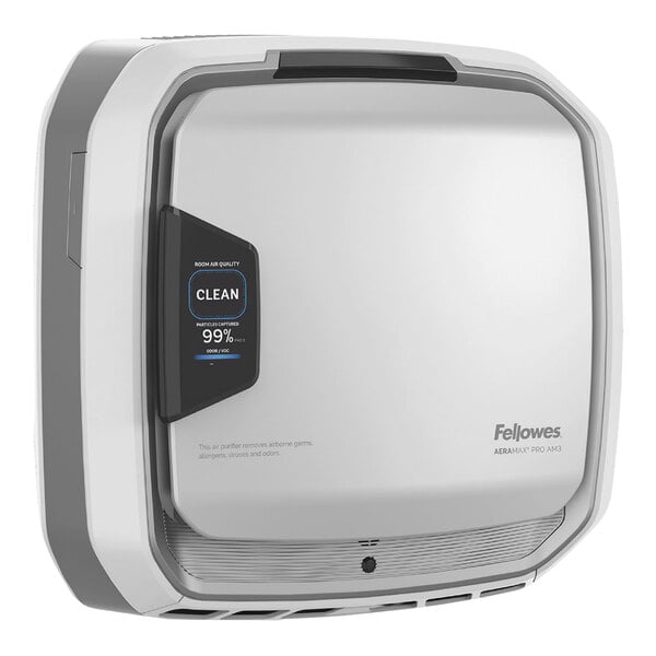 A white square Fellowes AeraMax Pro air purifier with a black and grey label.