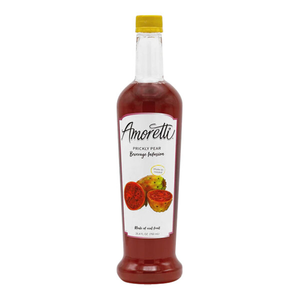A bottle of Amoretti Prickly Pear Beverage Infusion with a yellow cap and a label with a close-up of prickly pears.