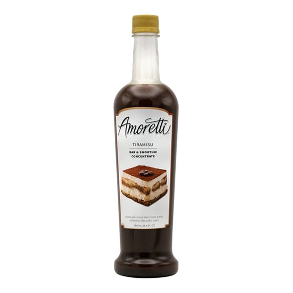 A bottle of Amoretti Tiramisu Smoothie Concentrate with a white label.