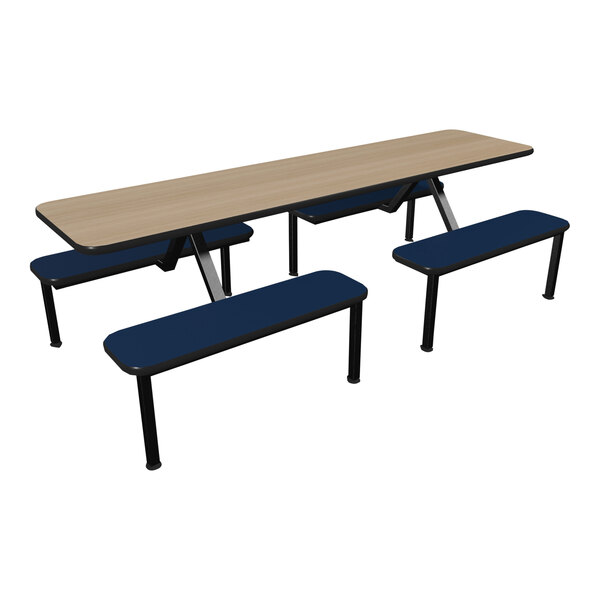 A beige Plymold cafeteria table with blue bench seating.