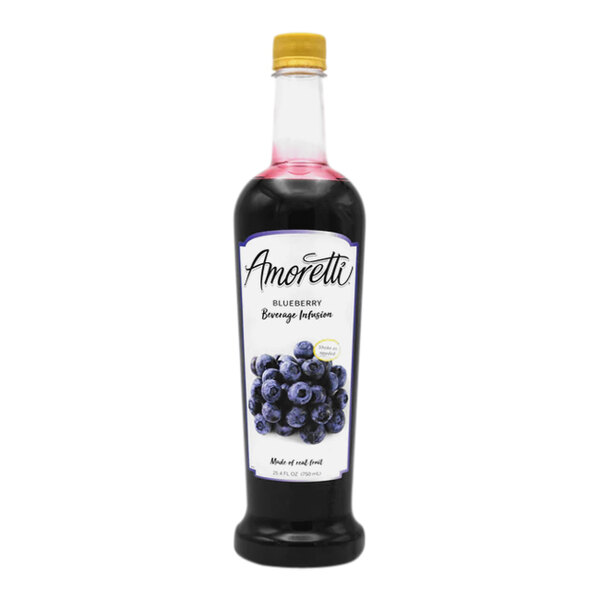 A bottle of Amoretti Blueberry Beverage Infusion on a white background.