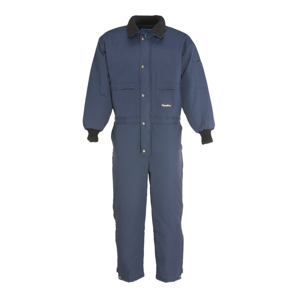 A navy blue RefrigiWear coverall with black trims and a zipper.