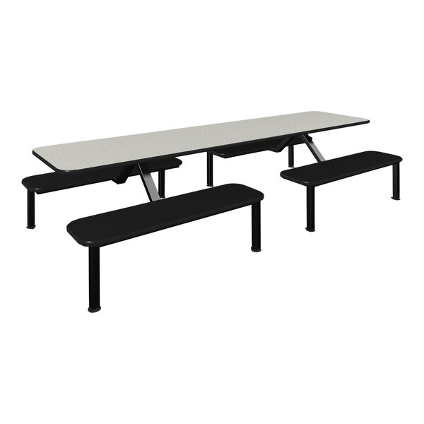 A white table top with black seating on a table with benches.