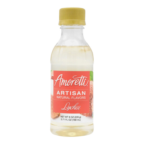 A close-up of a bottle of Amoretti Lychee Artisan Natural Flavor Paste with a red label.