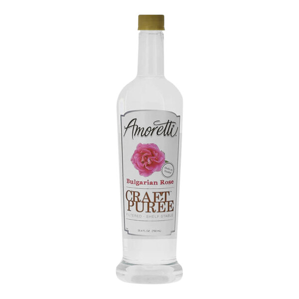A clear bottle of Amoretti Bulgarian Rose Craft Puree with a white label and pink flower.