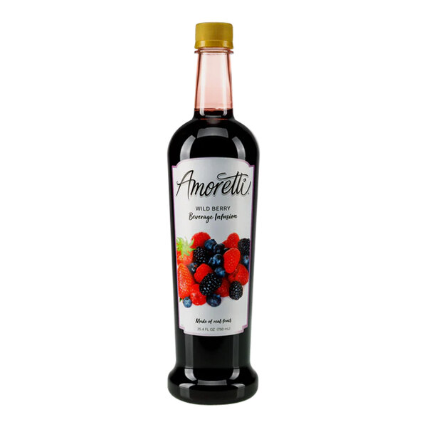 An Amoretti Wild Berry Beverage Infusion bottle with a label.