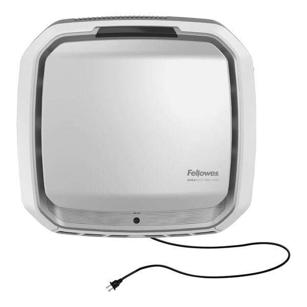 A white and silver Fellowes AeraMax Pro air purifier with a black cord.