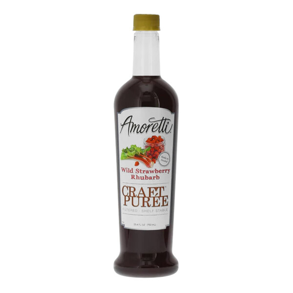 A bottle of Amoretti Wild Strawberry Rhubarb Craft Puree on a white background.