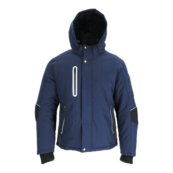 A navy blue RefrigiWear utility jacket with a hood and zipper.