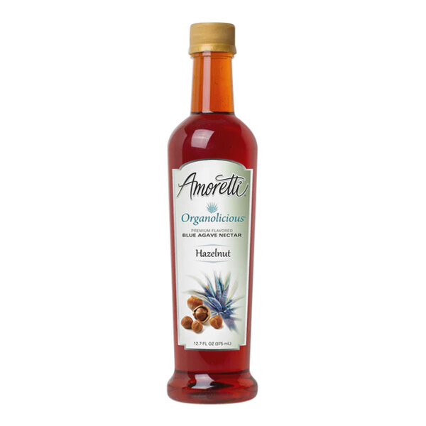 A bottle of Amoretti Organolicious Organic Hazelnut Blue Agave Nectar with a label.