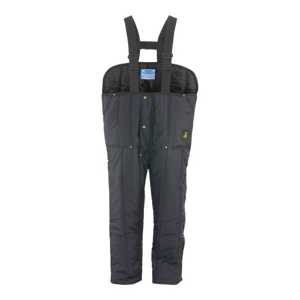 A pair of navy blue RefrigiWear Iron-Tuff overalls with straps.