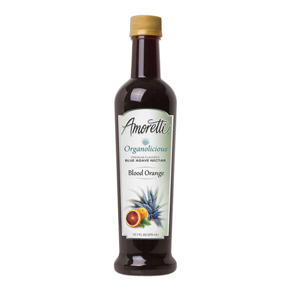 An Amoretti Organolicious Organic Blood Orange Blue Agave Nectar bottle with a white label.