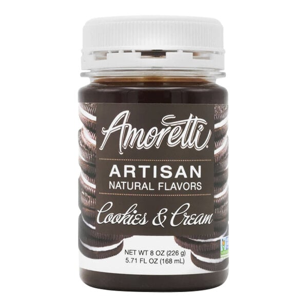 A jar of Amoretti Cookies and Cream Artisan flavor paste with a white label.
