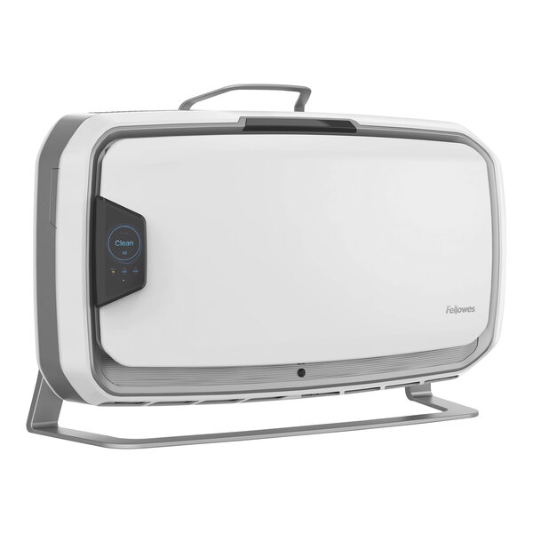 A white rectangular Fellowes Array stand-mount air purifier with silver accents and a black handle.