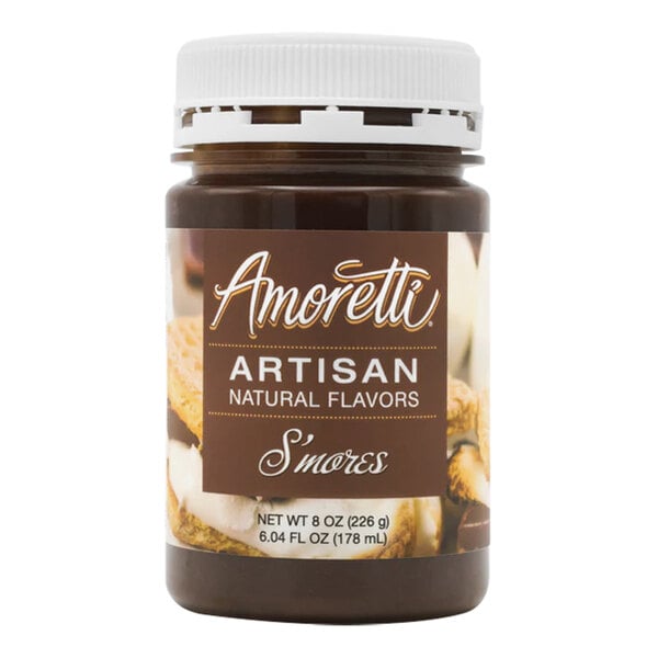 A brown Amoretti jar of S'mores flavor paste with a white cap.