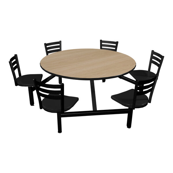 A Plymold Jupiter round table with a beige top and black base with chairs around it.