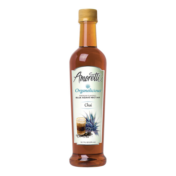 A bottle of Amoretti Organolicious Organic Chai Blue Agave Nectar with a label.